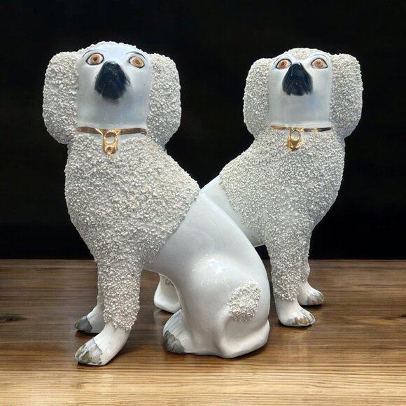 Pair Of Vintage Antique English  Staffordshire Poodle Dog Figurines 7 in - Picture 5 of 12
